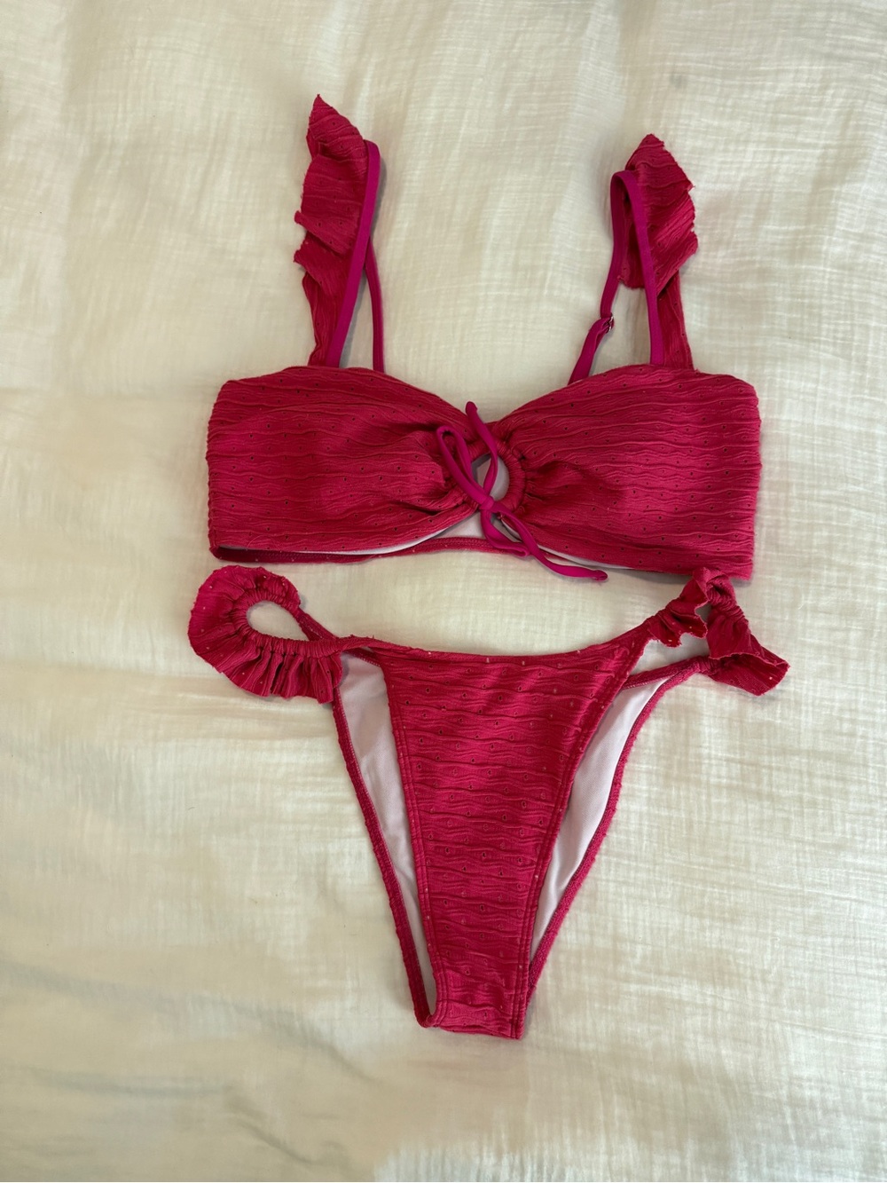 Ruffled Eyelet Tie-Front Bikini Set - Fuchsia Pink